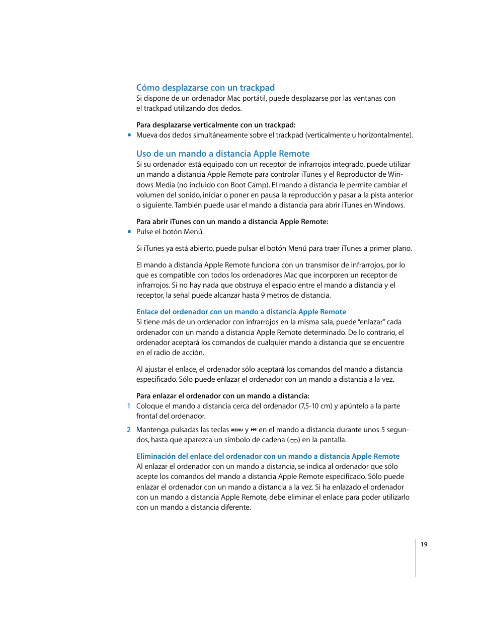 Cómo desplazarse con un trackpad, Uso de un mando a distancia apple remote | Apple Boot Camp (Mac OS X v10.5 Leopard) User Manual | Page 19 / 27