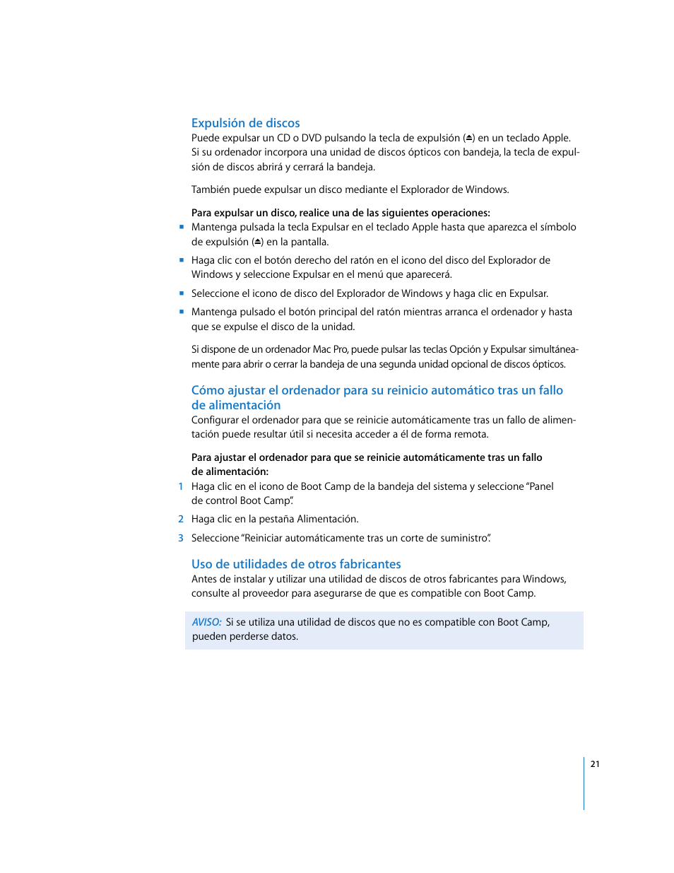 Expulsión de discos, Uso de utilidades de otros fabricantes | Apple Boot Camp (Mac OS X v10.5 Leopard) User Manual | Page 21 / 27
