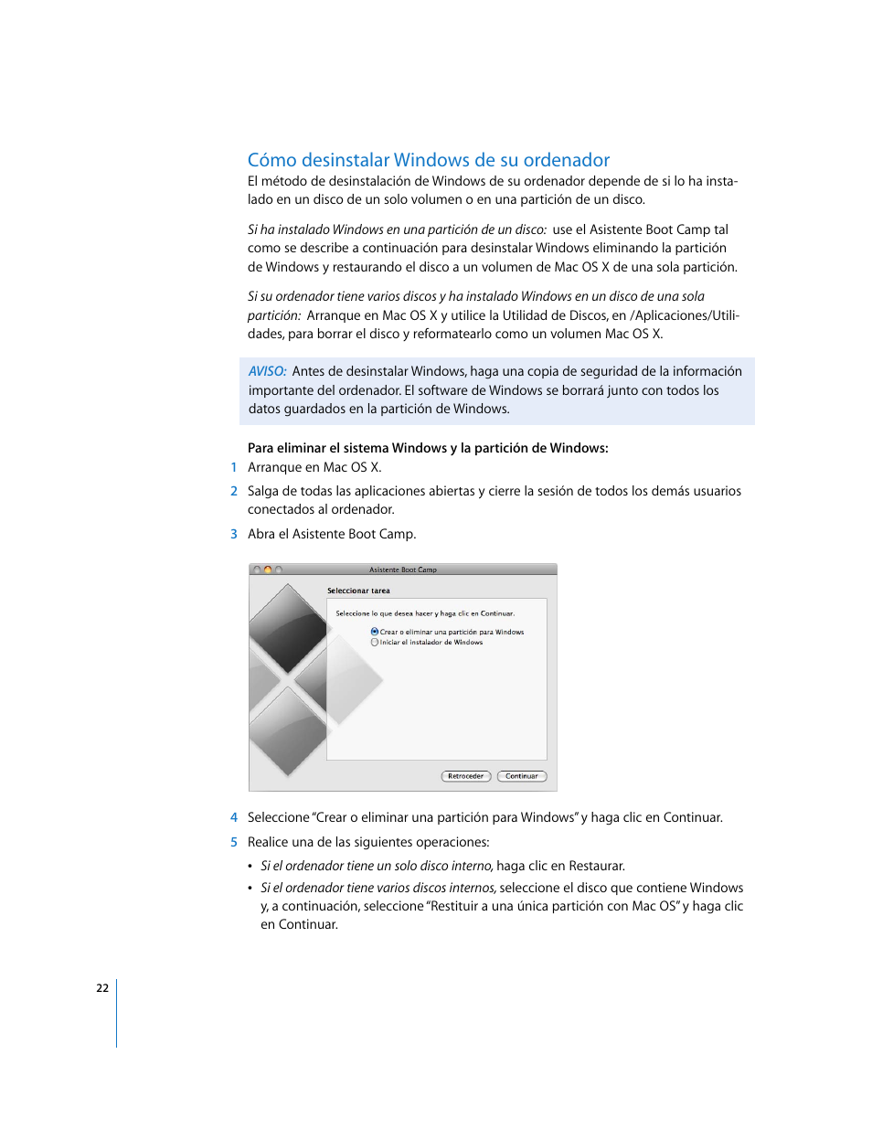 Cómo desinstalar windows de su ordenador | Apple Boot Camp (Mac OS X v10.5 Leopard) User Manual | Page 22 / 27