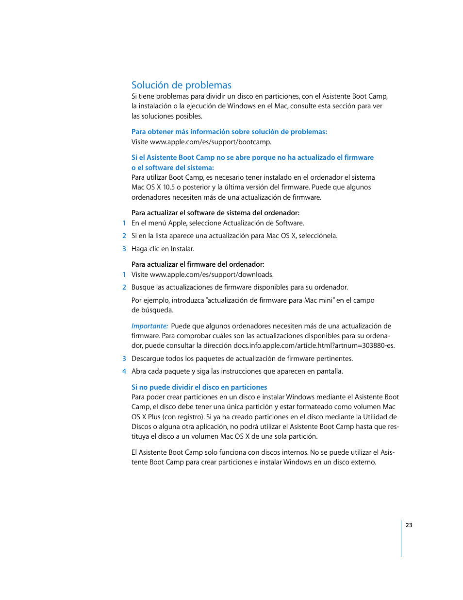 Solución de problemas | Apple Boot Camp (Mac OS X v10.5 Leopard) User Manual | Page 23 / 27