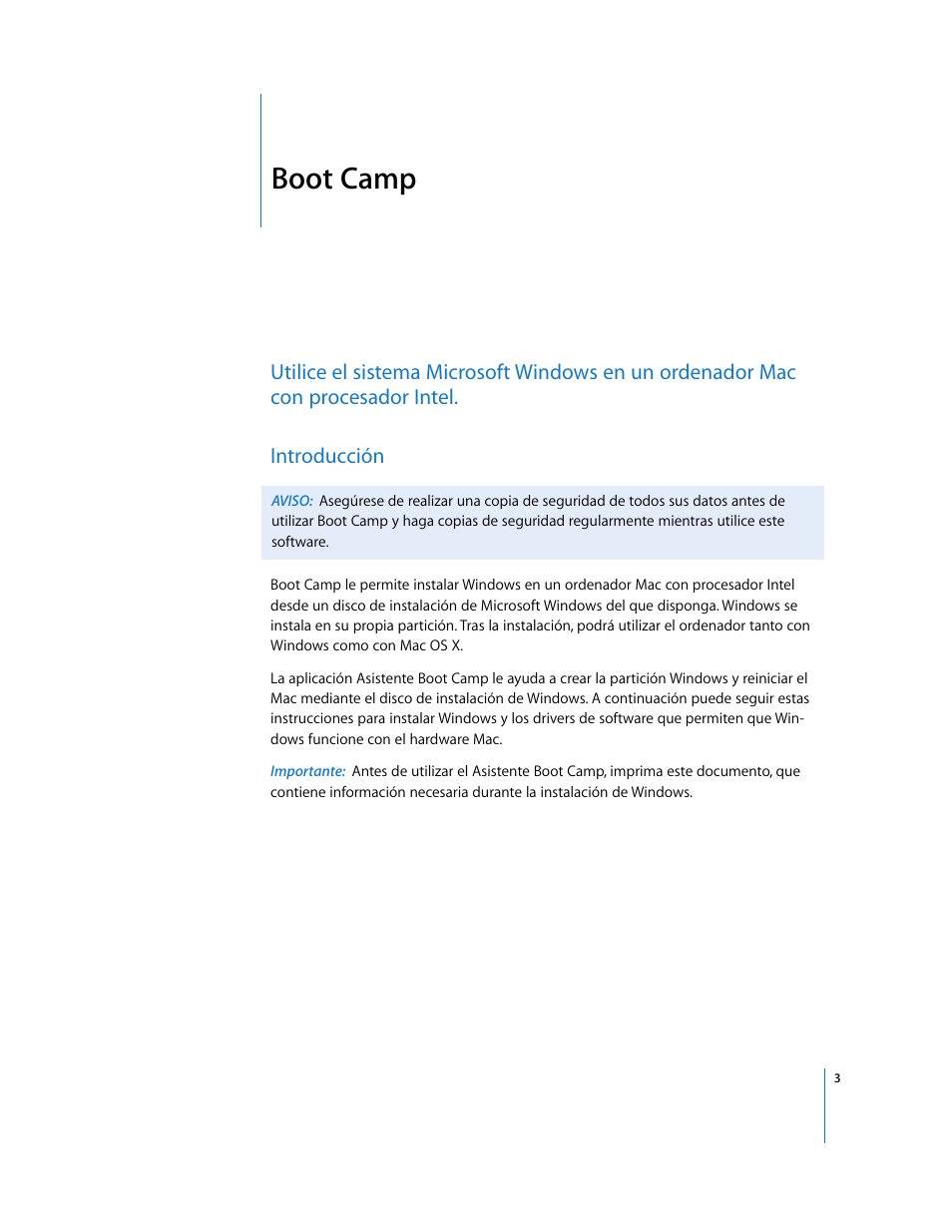 Boot camp, Introducción | Apple Boot Camp (Mac OS X v10.5 Leopard) User Manual | Page 3 / 27