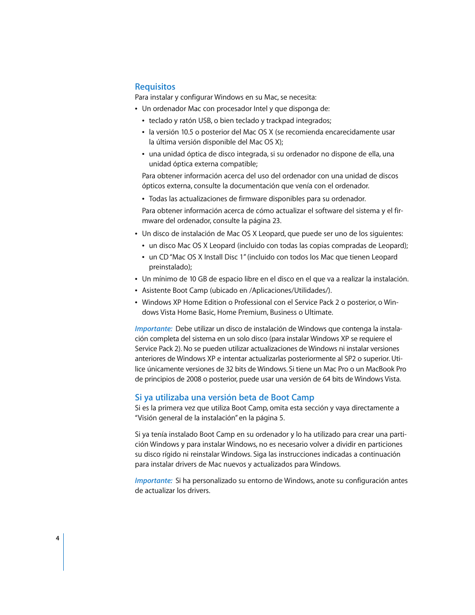 Requisitos, Si ya utilizaba una versión beta de boot camp | Apple Boot Camp (Mac OS X v10.5 Leopard) User Manual | Page 4 / 27