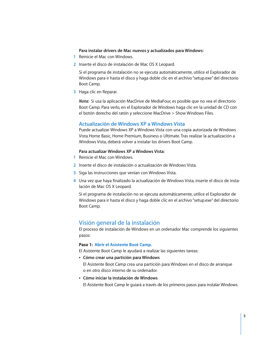 Actualización de windows xp a windows vista, Visión general de la instalación | Apple Boot Camp (Mac OS X v10.5 Leopard) User Manual | Page 5 / 27