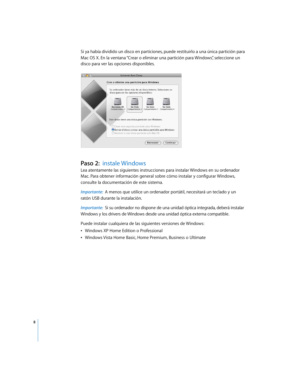 Paso 2: instale windows, Paso 2, Instale windows | Apple Boot Camp (Mac OS X v10.5 Leopard) User Manual | Page 8 / 27