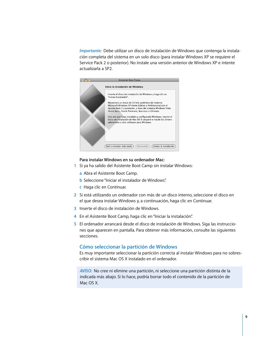 Cómo seleccionar la partición de windows | Apple Boot Camp (Mac OS X v10.5 Leopard) User Manual | Page 9 / 27