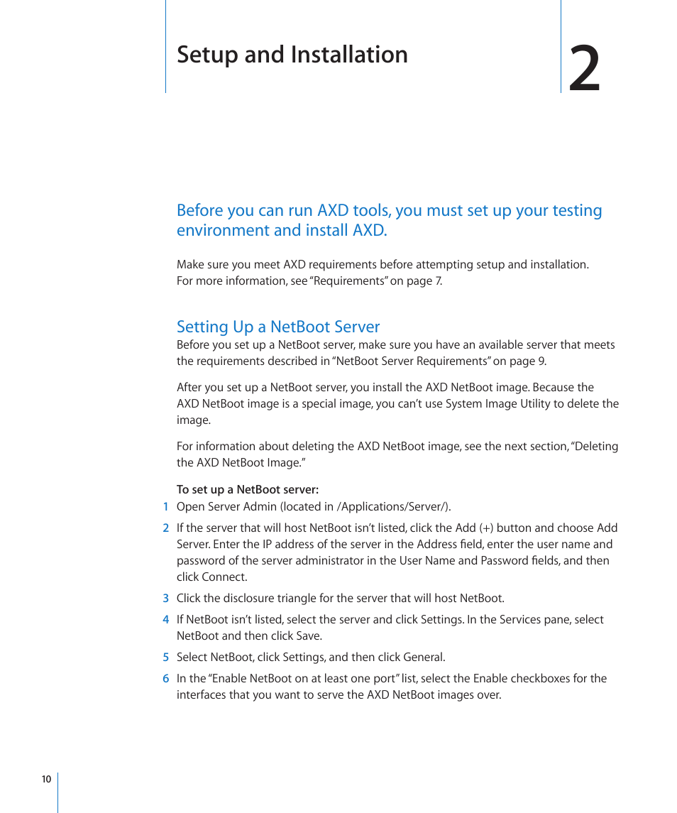 Chapter 2: setup and installation, Setting up a netboot server, Setup and installation | Apple Xserve - Apple Xserve User Manual | Page 10 / 48