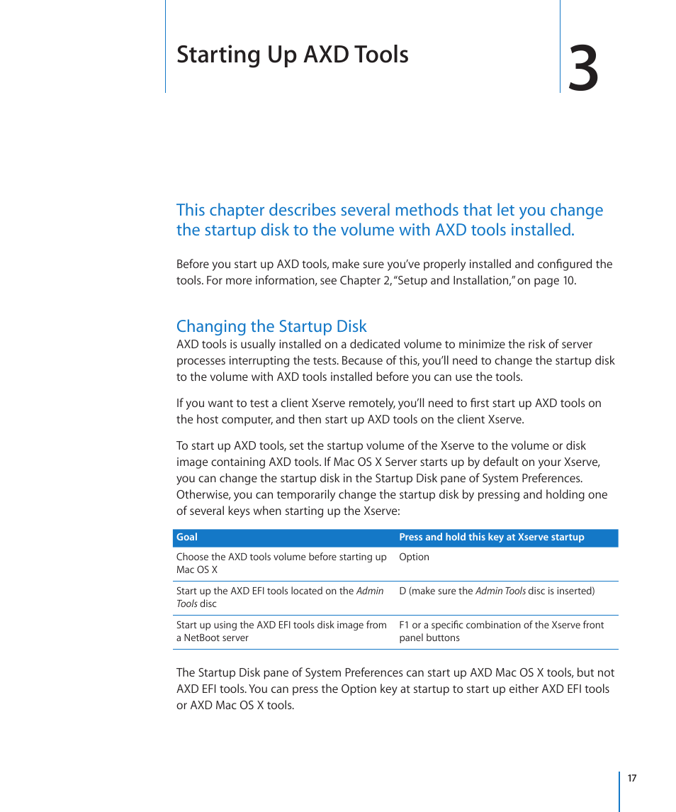 Chapter 3: starting up axd tools, Changing the startup disk, Starting up axd tools | Apple Xserve - Apple Xserve User Manual | Page 17 / 48