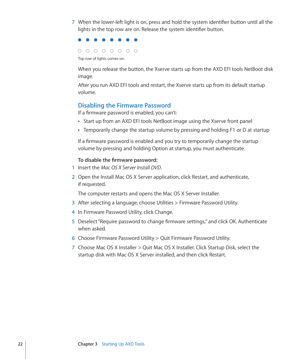 Disabling the firmware password | Apple Xserve - Apple Xserve User Manual | Page 22 / 48