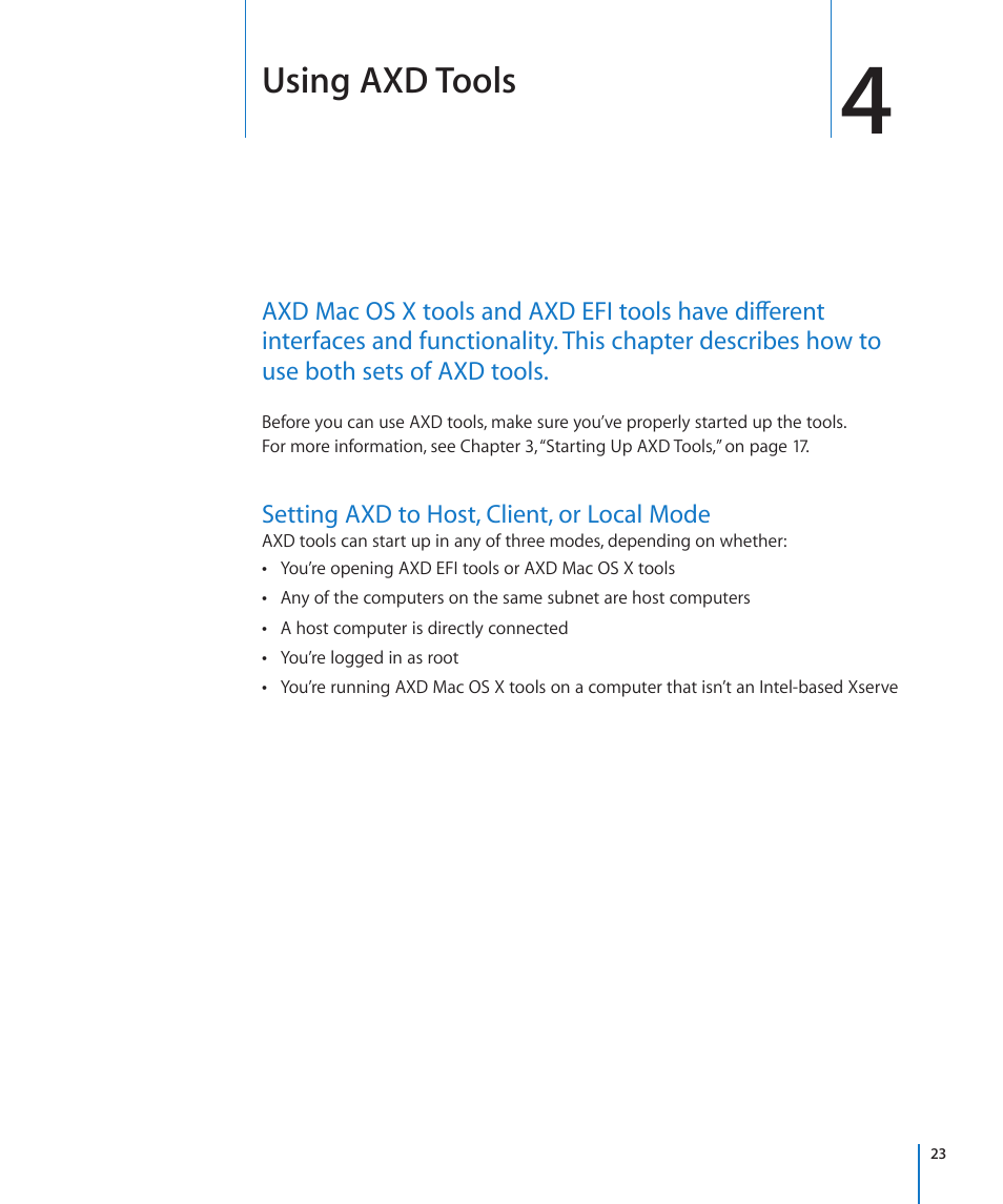 Chapter 4: using axd tools, Setting axd to host, client, or local mode, 23 setting axd to host, client, or local mode | Using axd tools | Apple Xserve - Apple Xserve User Manual | Page 23 / 48