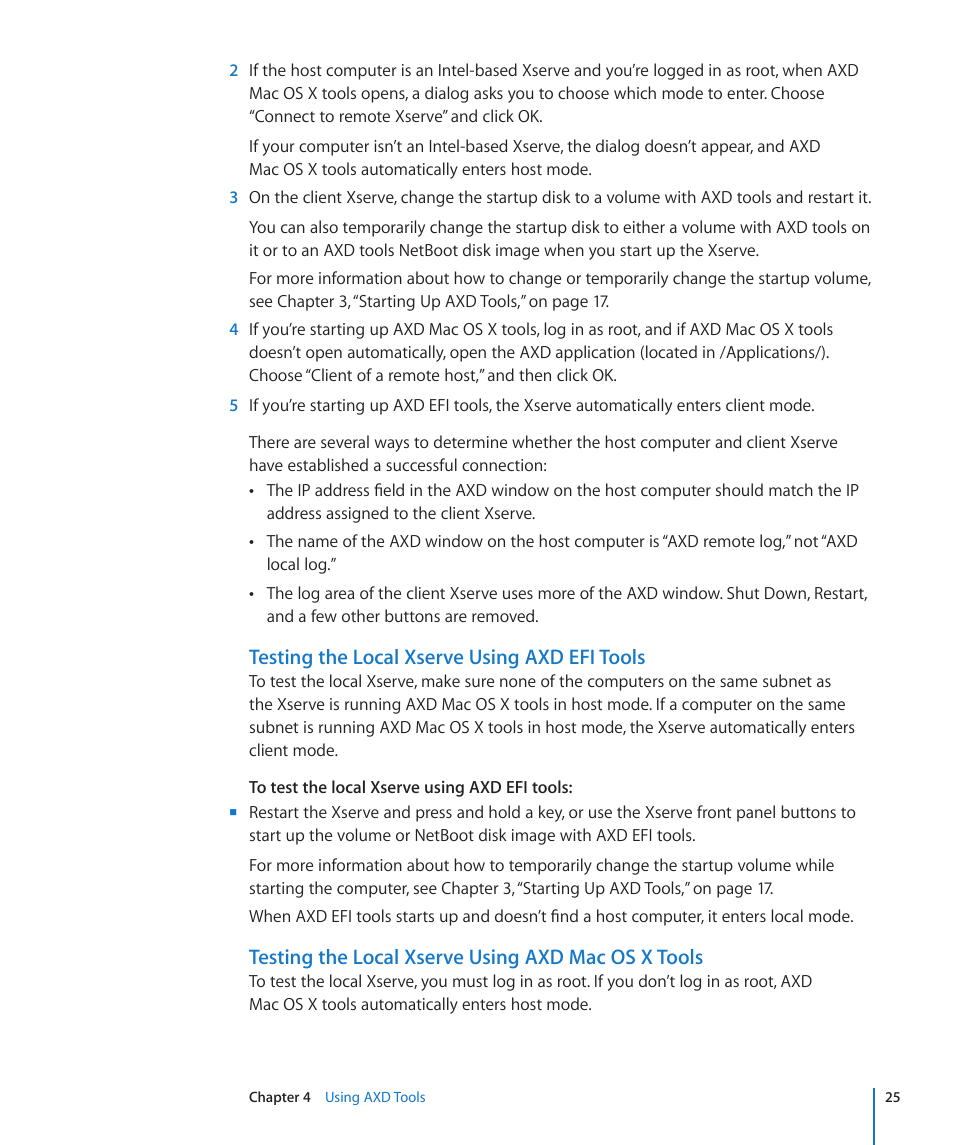 Testing the local xserve using axd efi tools, Testing the local xserve using axd mac os x tools | Apple Xserve - Apple Xserve User Manual | Page 25 / 48