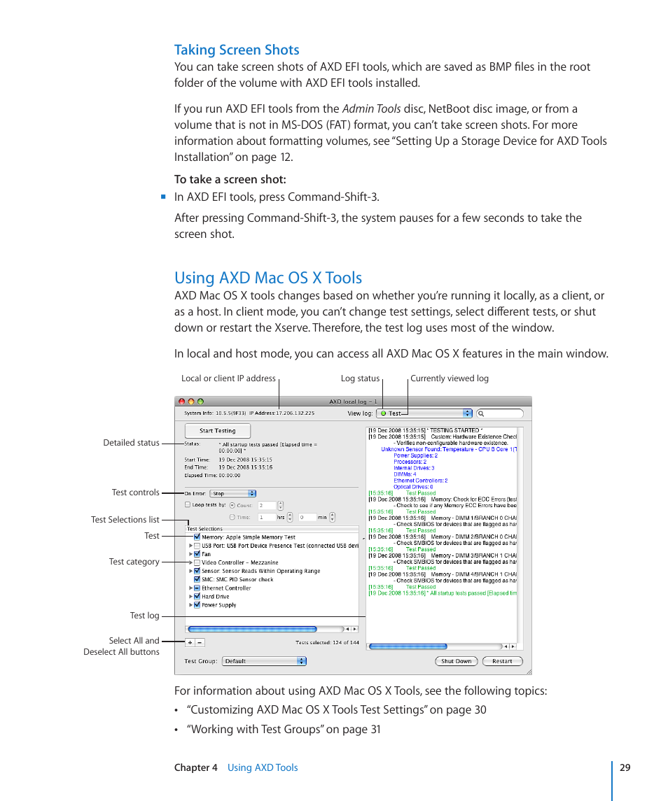 Taking screen shots, Using axd mac os x tools, 29 using axd mac os x tools | Apple Xserve - Apple Xserve User Manual | Page 29 / 48