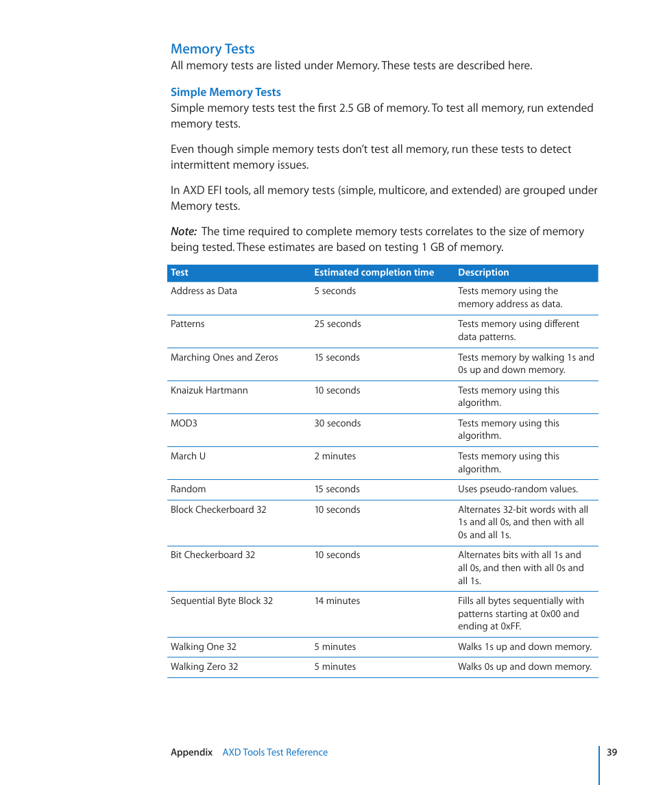 Memory tests, Simple memory tests | Apple Xserve - Apple Xserve User Manual | Page 39 / 48