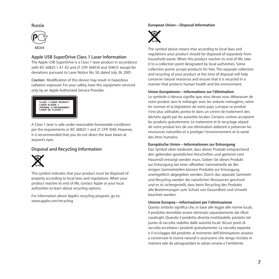 Disposal and recycling information | Apple USB SuperDrive User Manual | Page 7 / 8