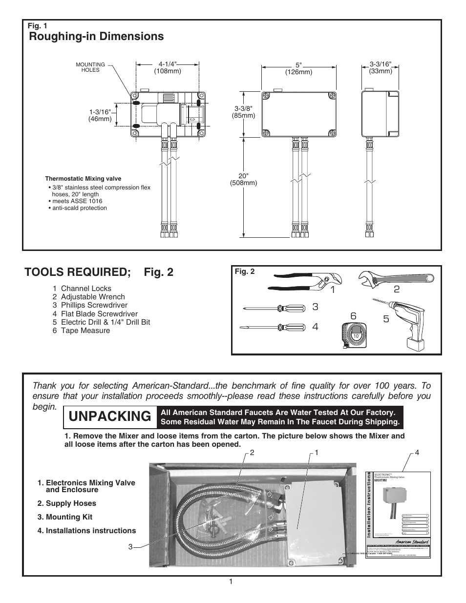Unpacking, Tools required; fig. 2, Roughing-in dimensions | American Standard SELECTRONIC 605XTMV User Manual | Page 2 / 5