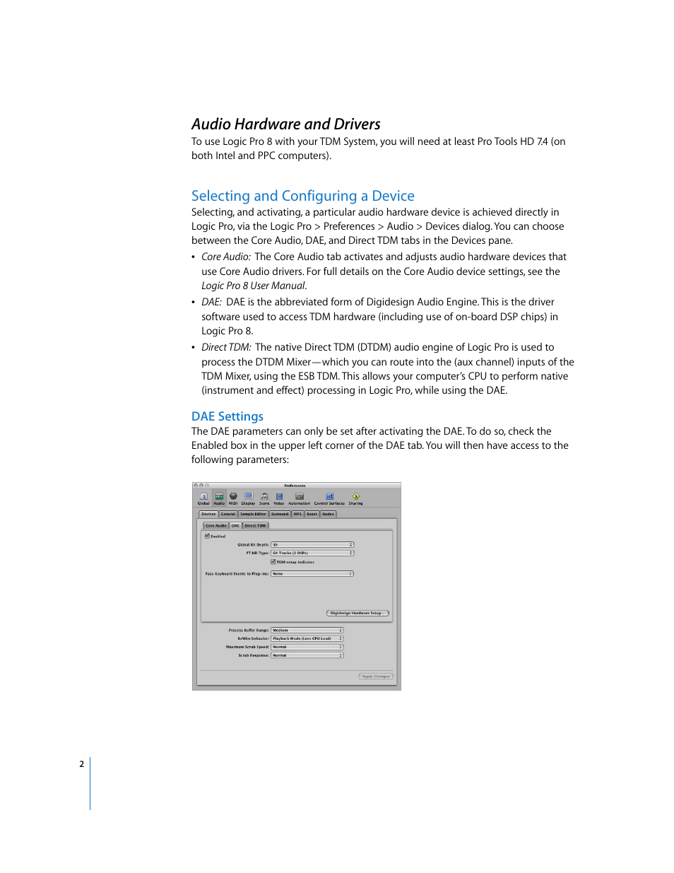 Audio hardware and drivers, Selecting and configuring a device, Dae settings | Apple Logic Pro 8 TDM User Manual | Page 2 / 15