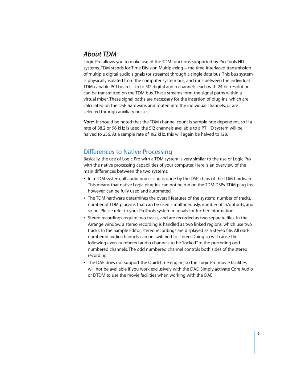 About tdm, Differences to native processing | Apple Logic Pro 8 TDM User Manual | Page 5 / 15