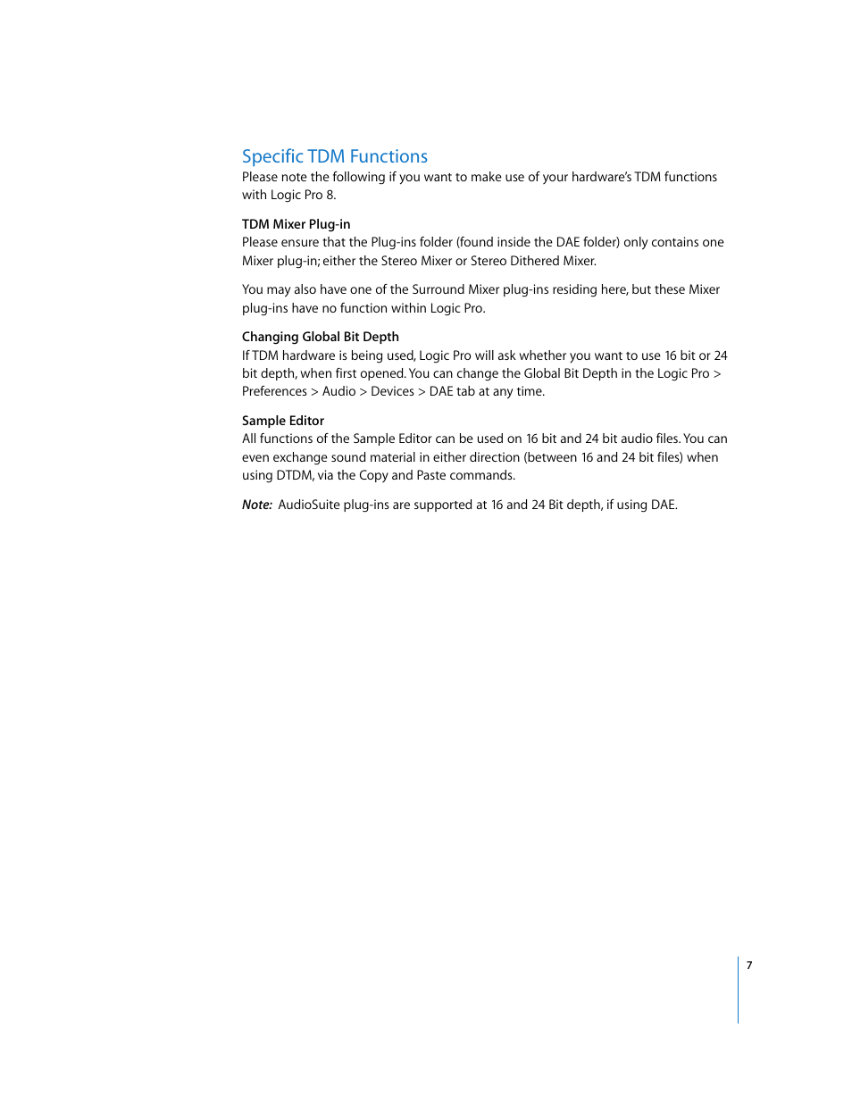 Specific tdm functions | Apple Logic Pro 8 TDM User Manual | Page 7 / 15