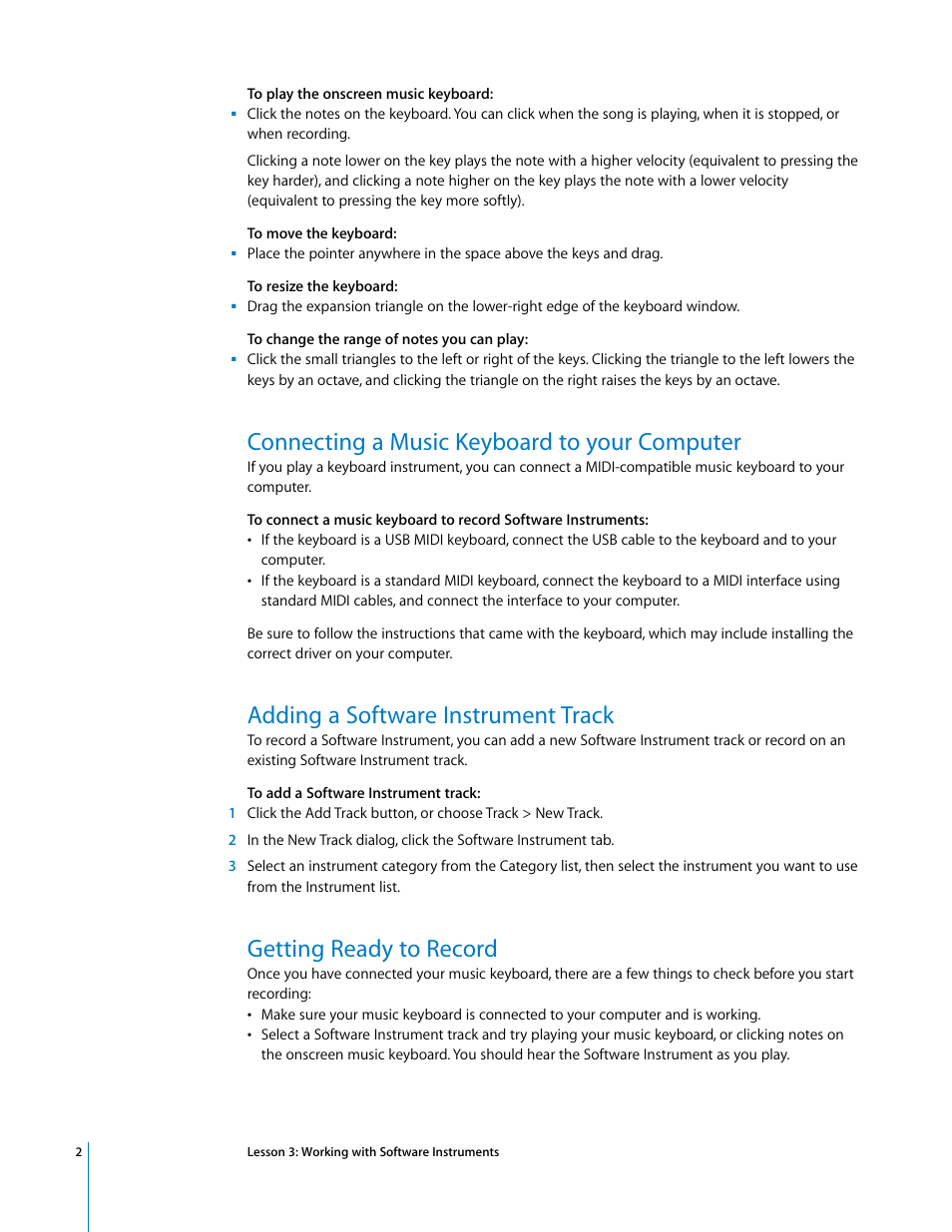 Connecting a music keyboard to your computer, Adding a software instrument track, Getting ready to record | Apple GarageBand Tutorial: Lesson 3 User Manual | Page 2 / 6