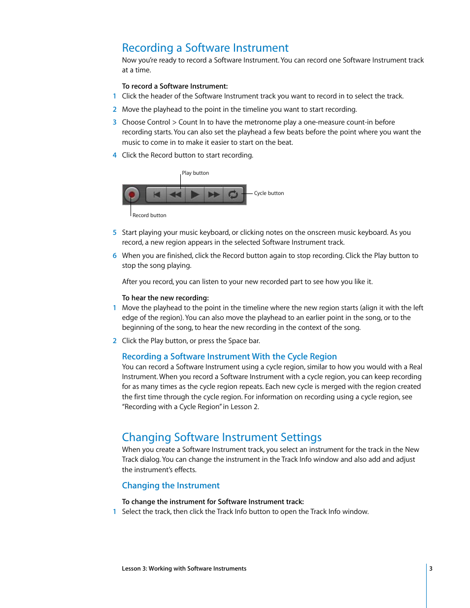 Recording a software instrument, Changing software instrument settings | Apple GarageBand Tutorial: Lesson 3 User Manual | Page 3 / 6
