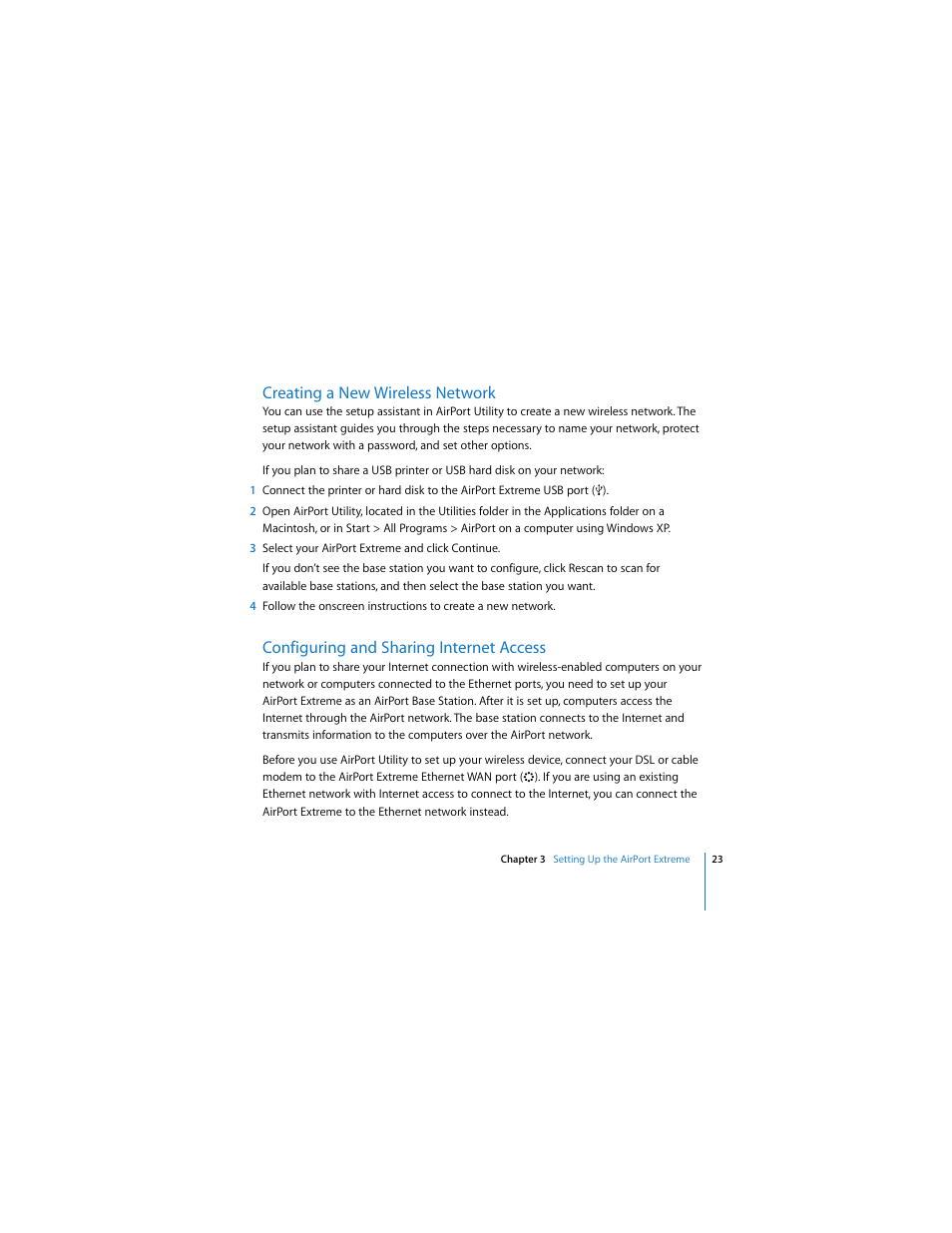 Creating a new wireless network, Configuring and sharing internet access | Apple AirPort Extreme 802.11n (3rd Generation) User Manual | Page 23 / 44