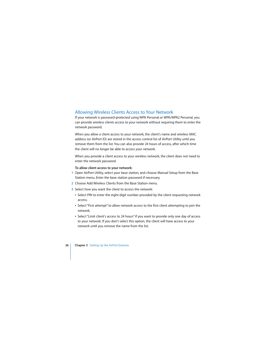 Allowing wireless clients access to your network | Apple AirPort Extreme 802.11n (3rd Generation) User Manual | Page 26 / 44