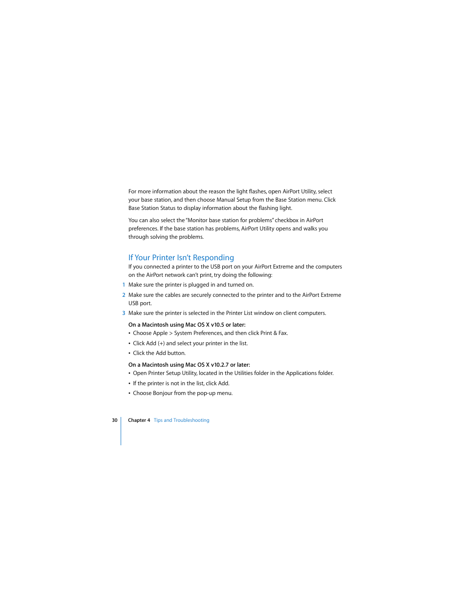 If your printer isn’t responding | Apple AirPort Extreme 802.11n (3rd Generation) User Manual | Page 30 / 44
