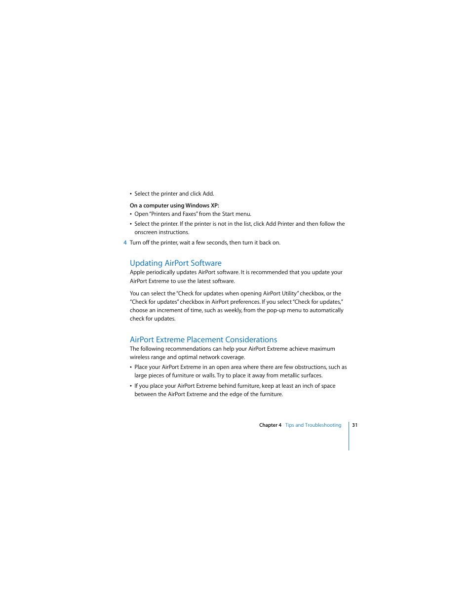 Updating airport software, Airportextreme placement considerations, Airport extreme placement considerations | Apple AirPort Extreme 802.11n (3rd Generation) User Manual | Page 31 / 44