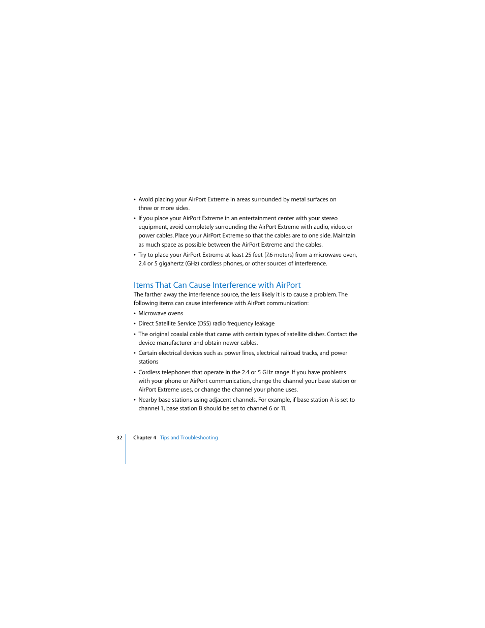 Items that can cause interference with airport | Apple AirPort Extreme 802.11n (3rd Generation) User Manual | Page 32 / 44