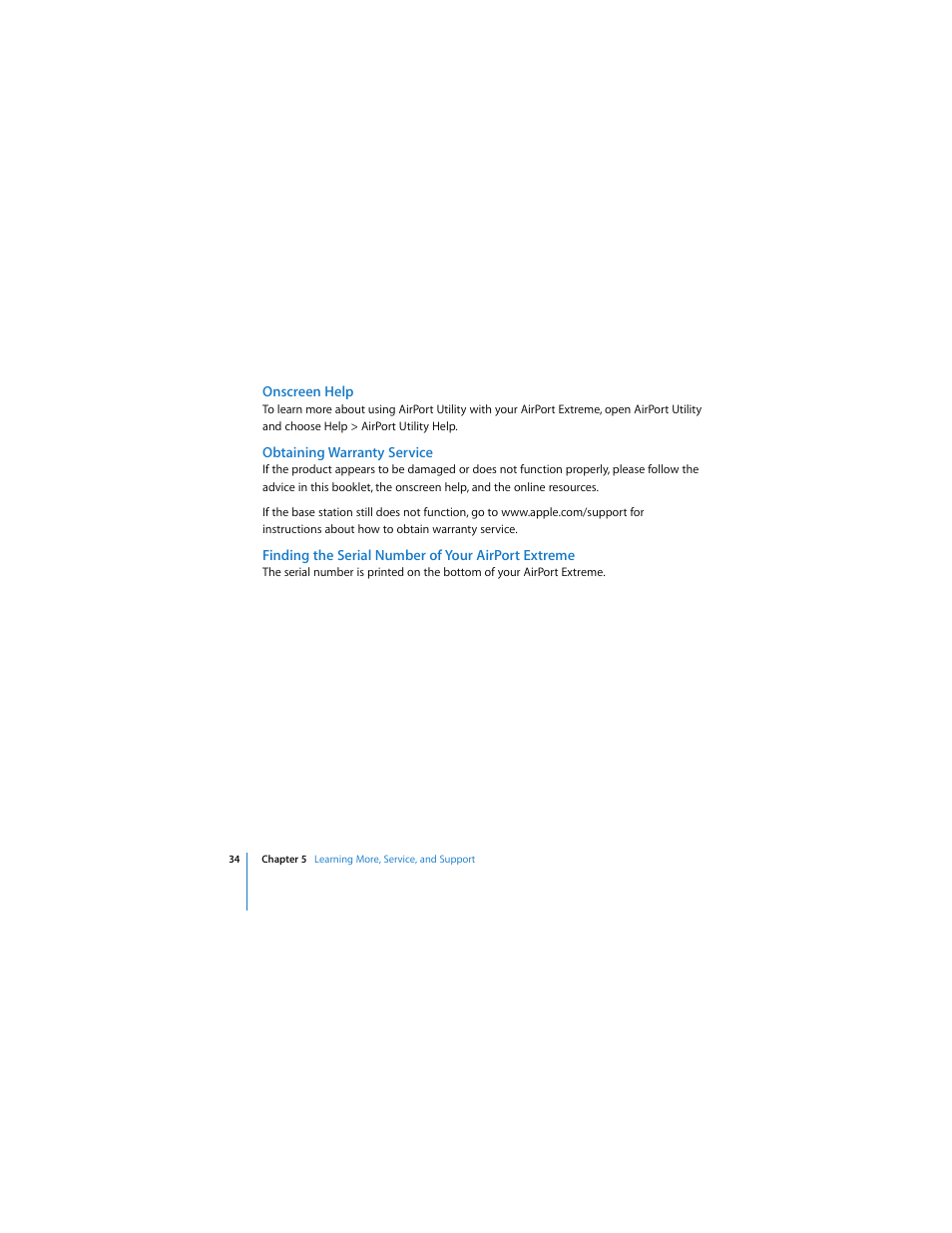 Onscreen help, Obtaining warranty service, Finding the serial number of your airport extreme | Apple AirPort Extreme 802.11n (3rd Generation) User Manual | Page 34 / 44