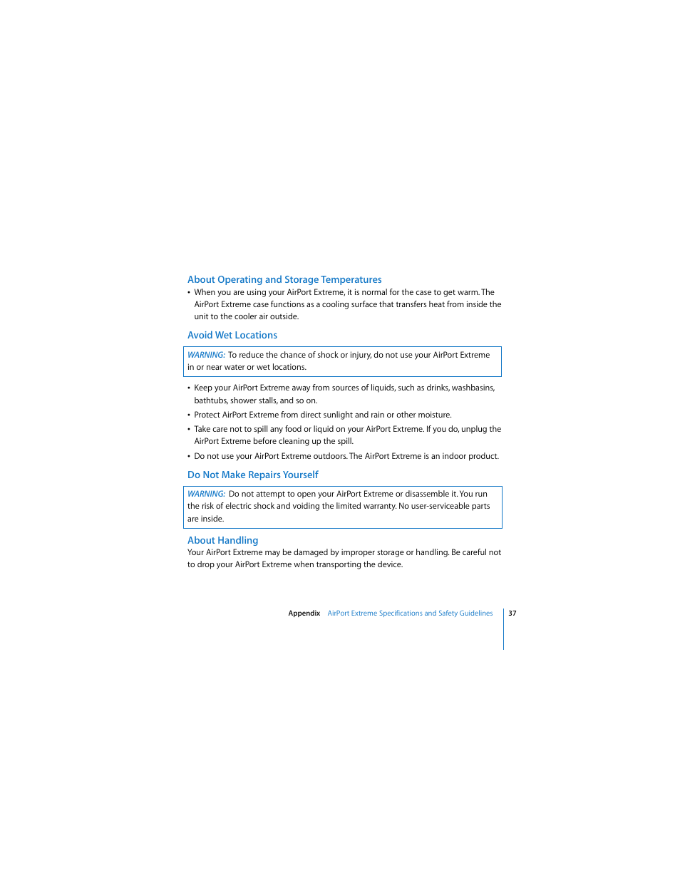 About operating and storage temperatures, Avoid wet locations, Do not make repairs yourself | About handling | Apple AirPort Extreme 802.11n (3rd Generation) User Manual | Page 37 / 44