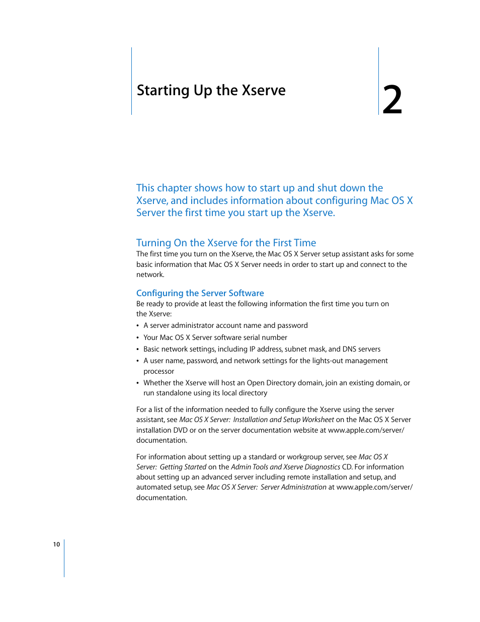 Starting up the xserve, Turning on the xserve for the first time, Configuring the server software | Chapter 2 | Apple Xserve (Early 2008) User Manual | Page 10 / 31