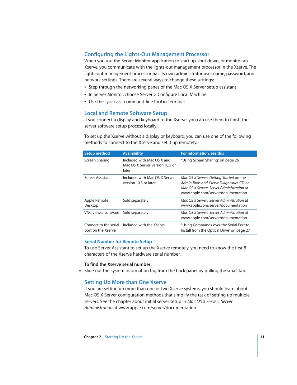 Configuring the lights-out management processor, Local and remote software setup, Setting up more than one xserve | Apple Xserve (Early 2008) User Manual | Page 11 / 31