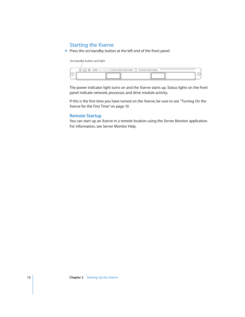 Starting the xserve, Remote startup | Apple Xserve (Early 2008) User Manual | Page 12 / 31
