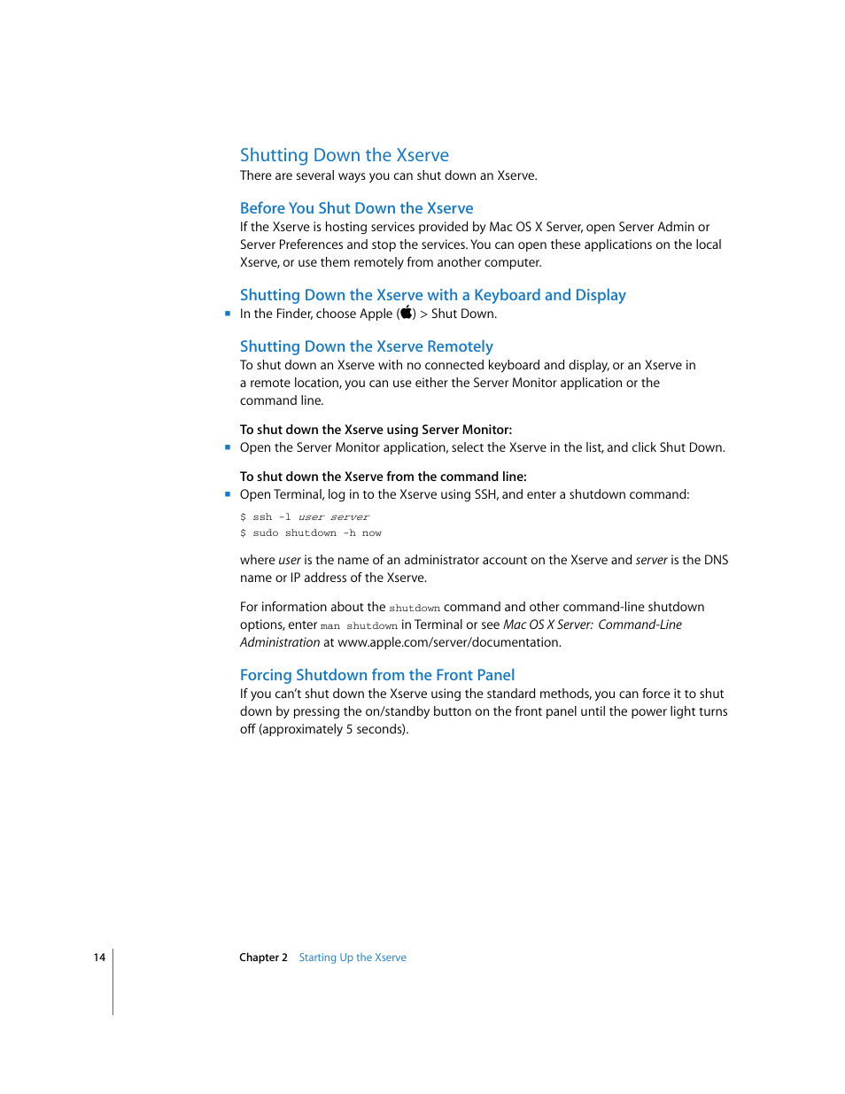 Shutting down the xserve, Before you shut down the xserve, Shutting down the xserve remotely | Forcing shutdown from the front panel | Apple Xserve (Early 2008) User Manual | Page 14 / 31