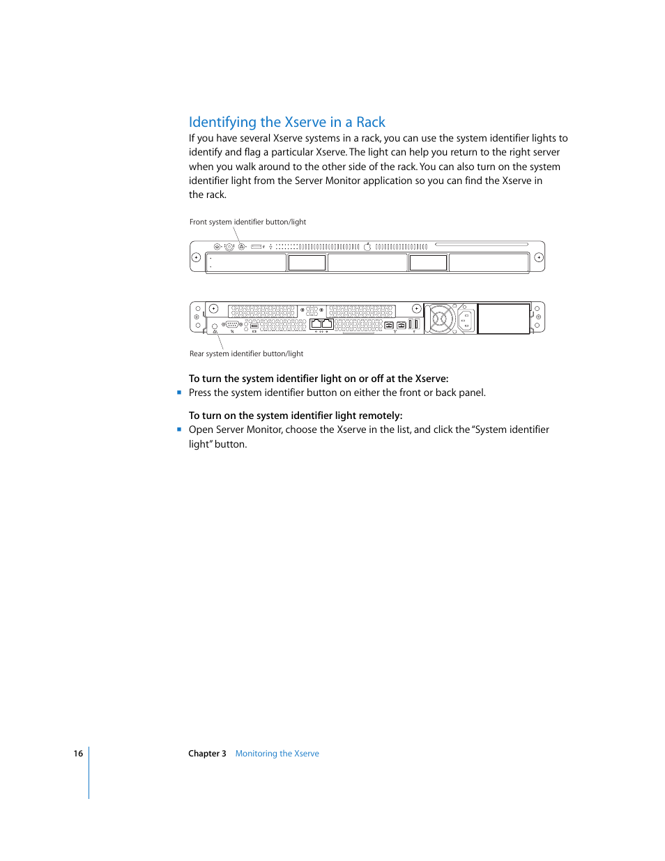 Identifying the xserve in a rack | Apple Xserve (Early 2008) User Manual | Page 16 / 31