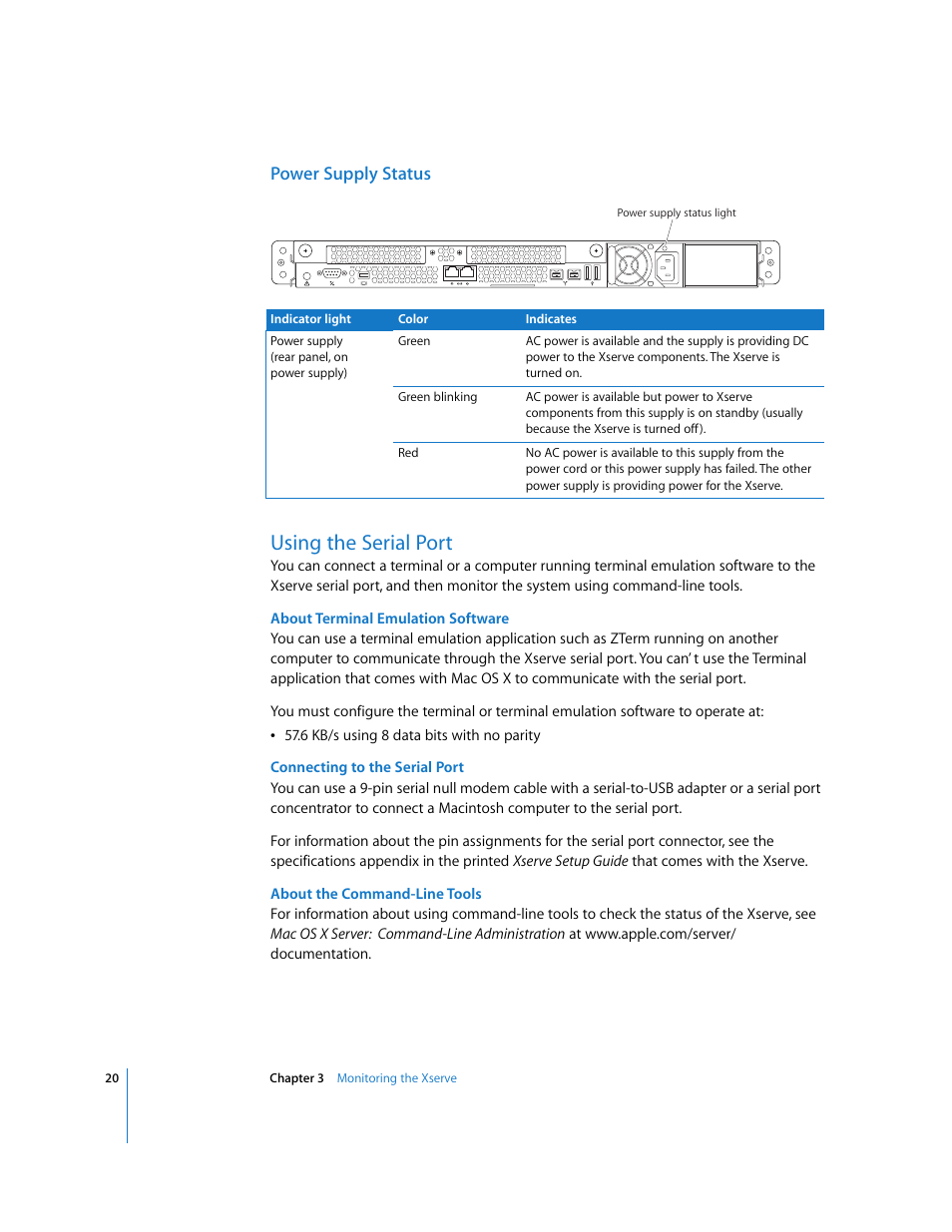 Power supply status, Using the serial port | Apple Xserve (Early 2008) User Manual | Page 20 / 31