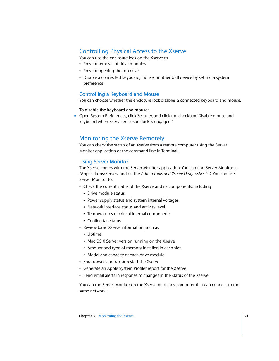Controlling physical access to the xserve, Controlling a keyboard and mouse, Monitoring the xserve remotely | Using server monitor | Apple Xserve (Early 2008) User Manual | Page 21 / 31