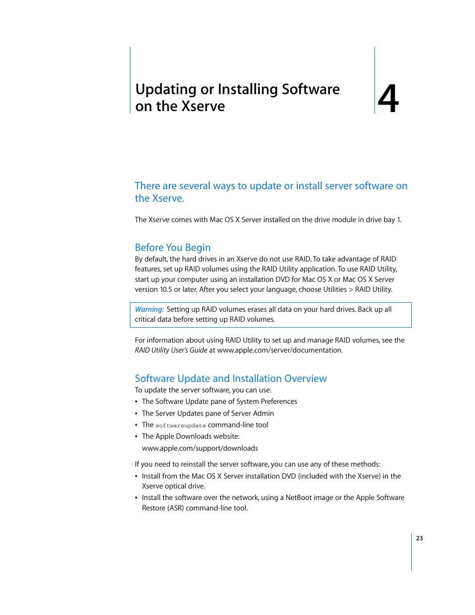 Updating or installing software on the xserve, Before you begin, Software update and installation overview | Chapter 4 | Apple Xserve (Early 2008) User Manual | Page 23 / 31