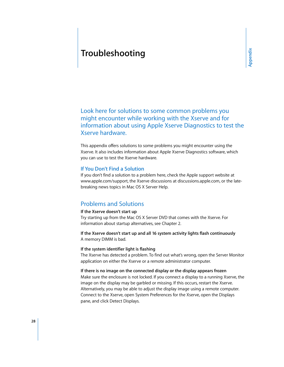 Troubleshooting, If you don’t find a solution, Problems and solutions | Appendix | Apple Xserve (Early 2008) User Manual | Page 28 / 31