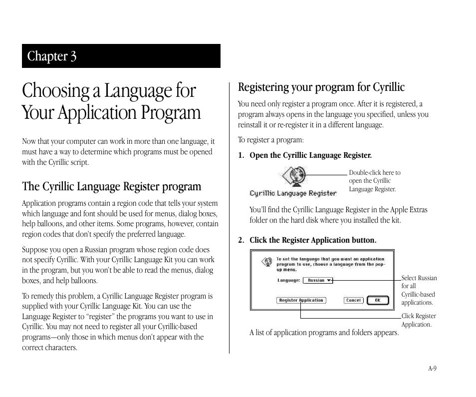 Primary and secondary scripts a-12, Choosing a keyboard layout a-12, The cyrillic language kit keyboard layouts a-12 | Choosing a language for your application program, Chapter 3, Registering your program for cyrillic, The cyrillic language register program | Apple Macintosh Cyrillic Language Kit User Manual | Page 12 / 28