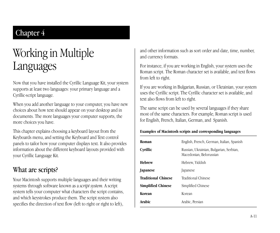 The russian keyboard layout a-14, The ukrainian keyboard layout a-14, Working in multiple languages | Chapter 4, What are scripts | Apple Macintosh Cyrillic Language Kit User Manual | Page 14 / 28