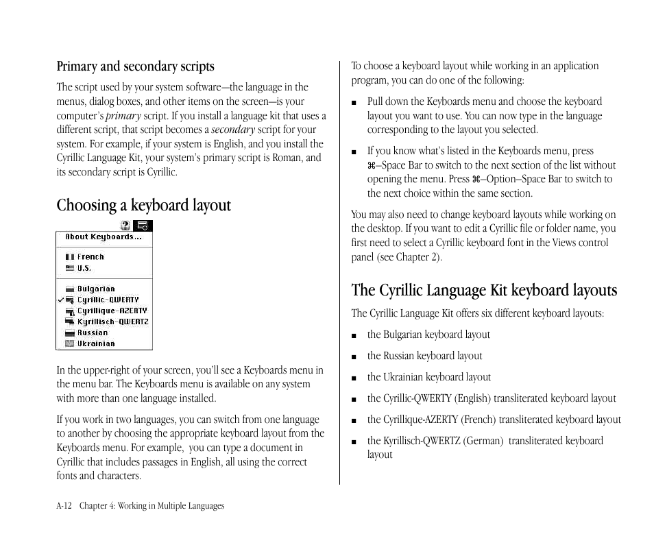 Choosing a keyboard layout, The cyrillic language kit keyboard layouts, Primary and secondary scripts | Apple Macintosh Cyrillic Language Kit User Manual | Page 15 / 28