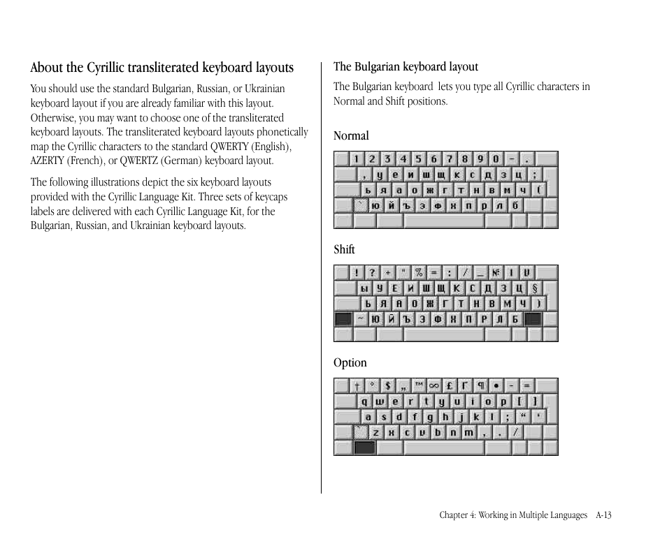 About the cyrillic transliterated keyboard layouts | Apple Macintosh Cyrillic Language Kit User Manual | Page 16 / 28