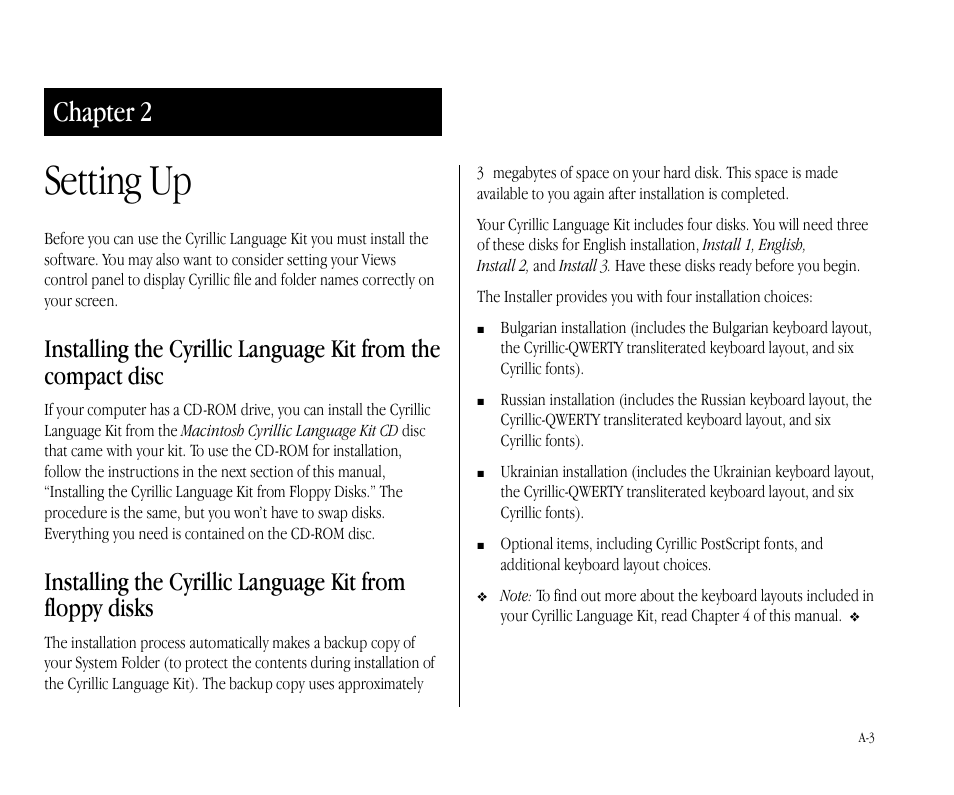 Setting up, Chapter 2 | Apple Macintosh Cyrillic Language Kit User Manual | Page 6 / 28