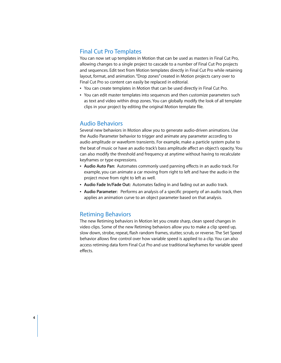 Finalcutpro templates, Audio behaviors, Retiming behaviors | Final cut pro templates | Apple Motion 3 New Features User Manual | Page 4 / 5