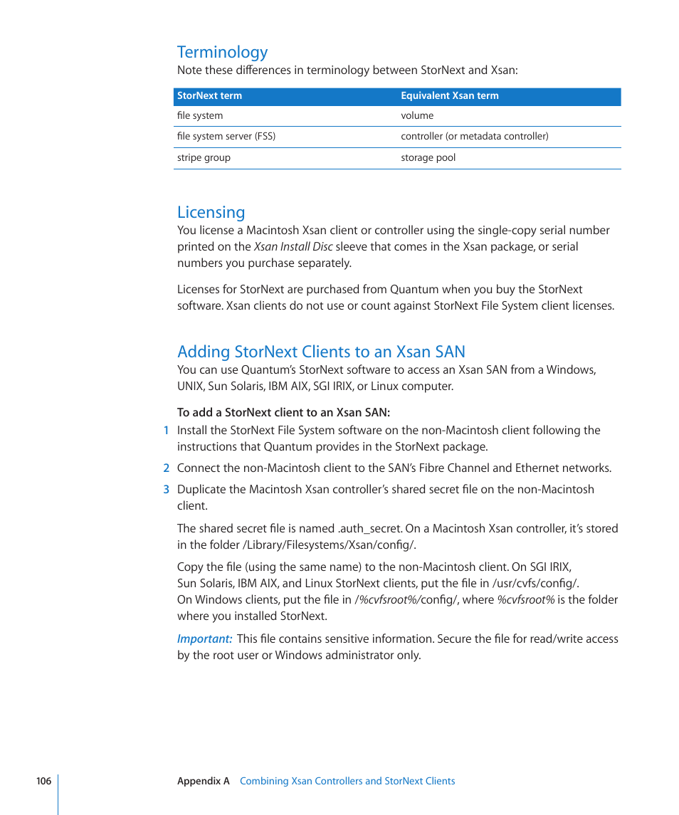Terminology, Licensing, Adding stornext clients to an xsan san | Apple Xsan 2 (Third Edition) User Manual | Page 106 / 129