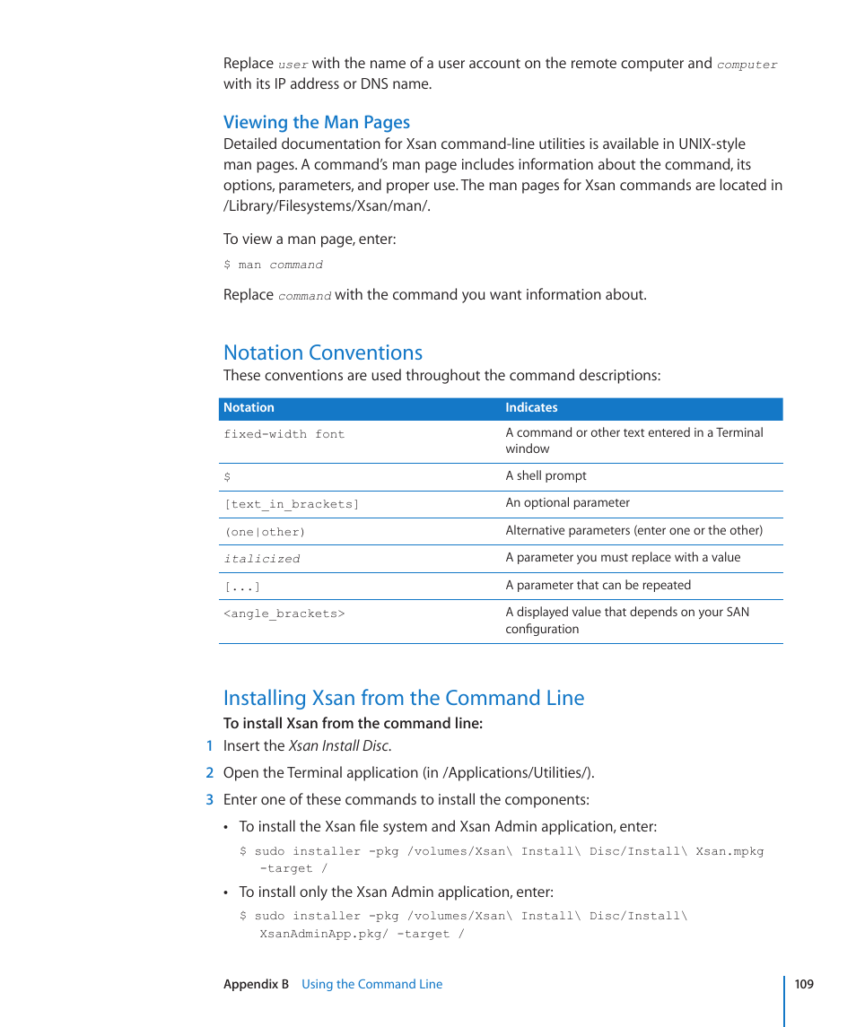 Notation conventions, Installing xsan from the command line, Viewing the man pages | Apple Xsan 2 (Third Edition) User Manual | Page 109 / 129