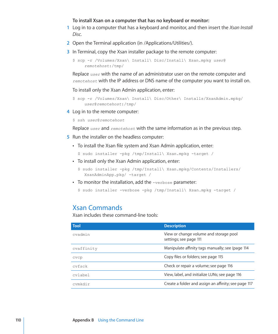 Xsan commands, 110 xsan commands | Apple Xsan 2 (Third Edition) User Manual | Page 110 / 129