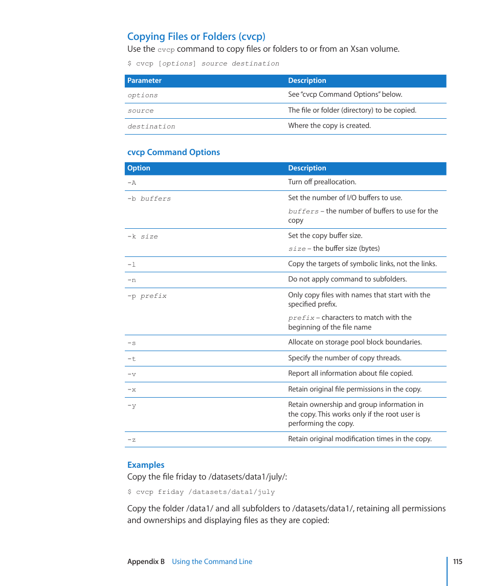 Copying files or folders (cvcp) | Apple Xsan 2 (Third Edition) User Manual | Page 115 / 129