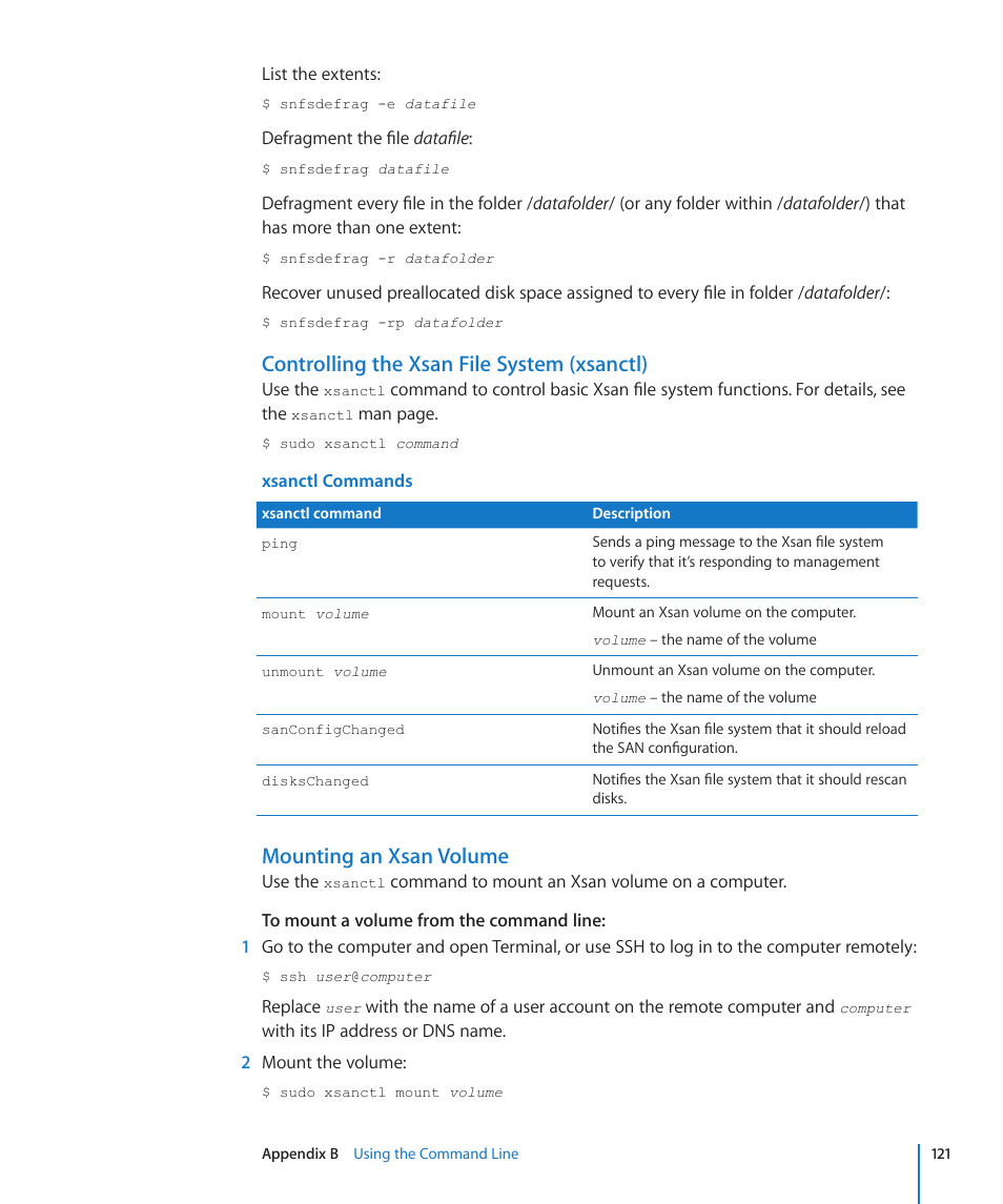 Controlling the xsan file system (xsanctl), Mounting an xsan volume | Apple Xsan 2 (Third Edition) User Manual | Page 121 / 129
